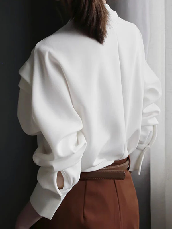 Batwing Sleeves Loose Pleated Solid Color Split-Joint Round-Neck Blouses - Image 4