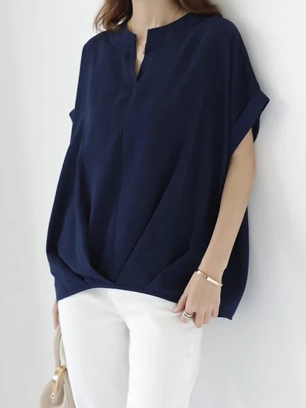 Batwing Sleeves Loose Pleated Solid Color Split-Joint Round-Neck Blouses&Shirts Tops - Image 2