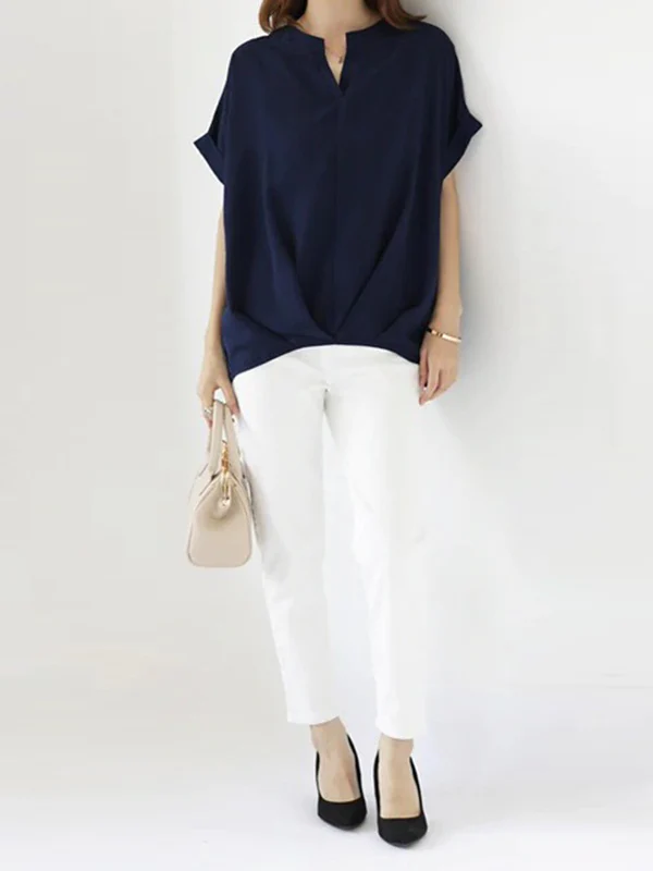 Batwing Sleeves Loose Pleated Solid Color Split-Joint Round-Neck Blouses&Shirts Tops - Image 3
