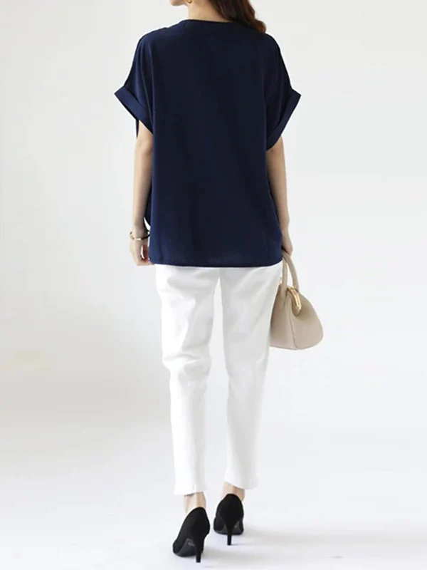 Batwing Sleeves Loose Pleated Solid Color Split-Joint Round-Neck Blouses&Shirts Tops - Image 4
