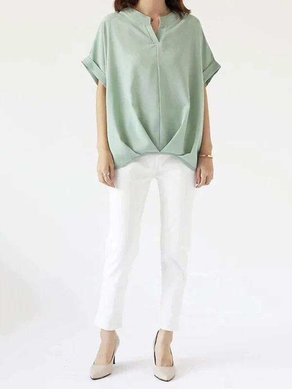 Batwing Sleeves Loose Pleated Solid Color Split-Joint Round-Neck Blouses&Shirts Tops - Image 5