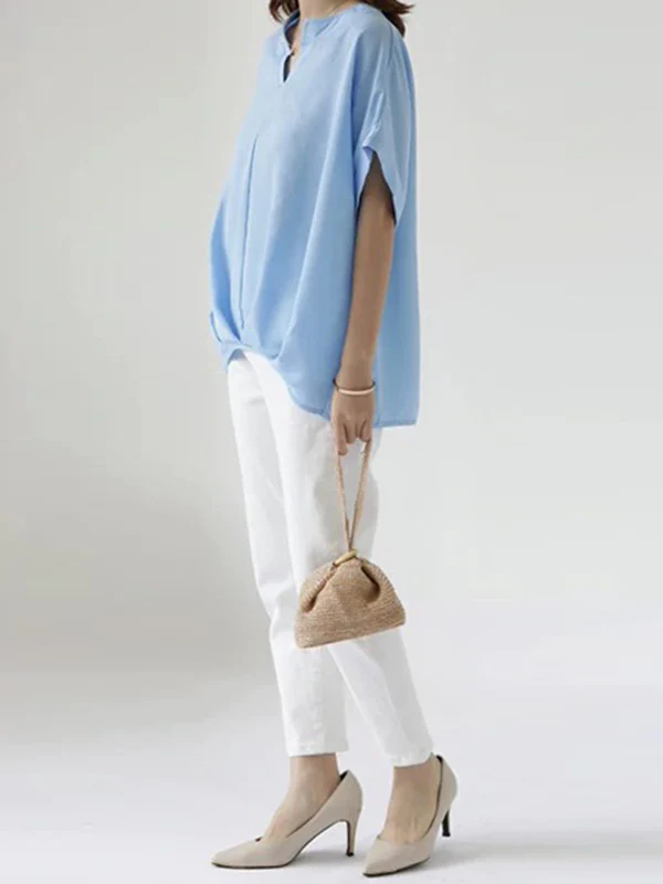 Batwing Sleeves Loose Pleated Solid Color Split-Joint Round-Neck Blouses&Shirts Tops - Image 6