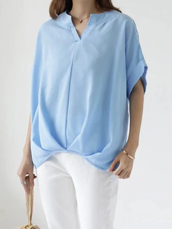 Batwing Sleeves Loose Pleated Solid Color Split-Joint Round-Neck Blouses&Shirts Tops - Image 7