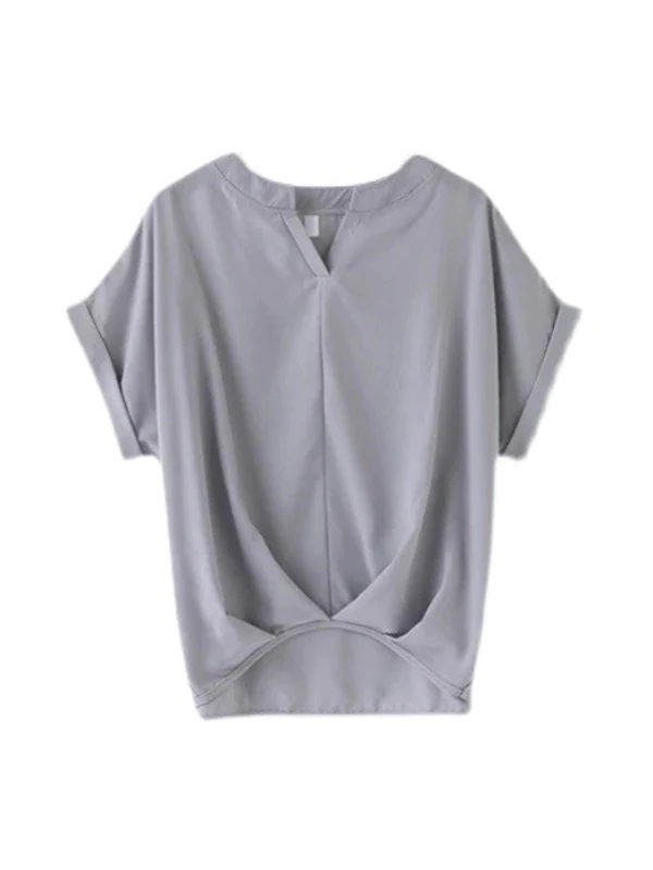 Batwing Sleeves Loose Pleated Solid Color Split-Joint Round-Neck Blouses&Shirts Tops - Image 8
