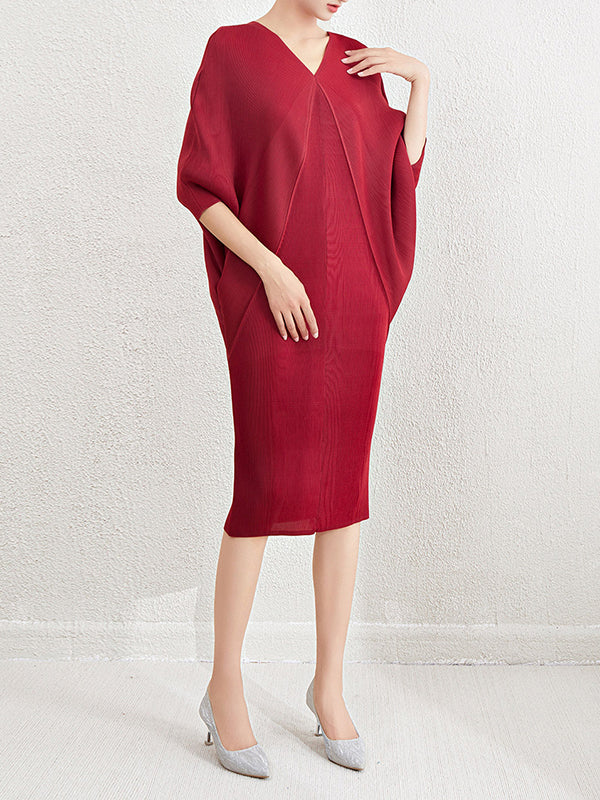 Batwing Sleeves Loose Pleated Solid Color V-Neck Midi Dresses - Image 5
