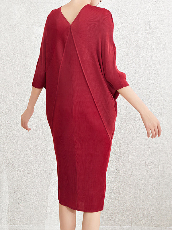 Batwing Sleeves Loose Pleated Solid Color V-Neck Midi Dresses - Image 6