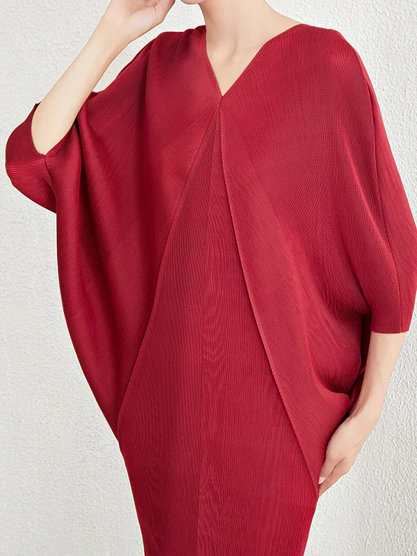 Batwing Sleeves Loose Pleated Solid Color V-Neck Midi Dresses - Image 7