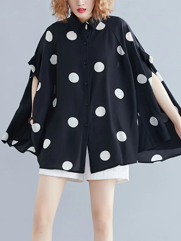 Batwing Sleeves Loose Polka-Dot Lapel Blouses&Shirts Tops - Image 3