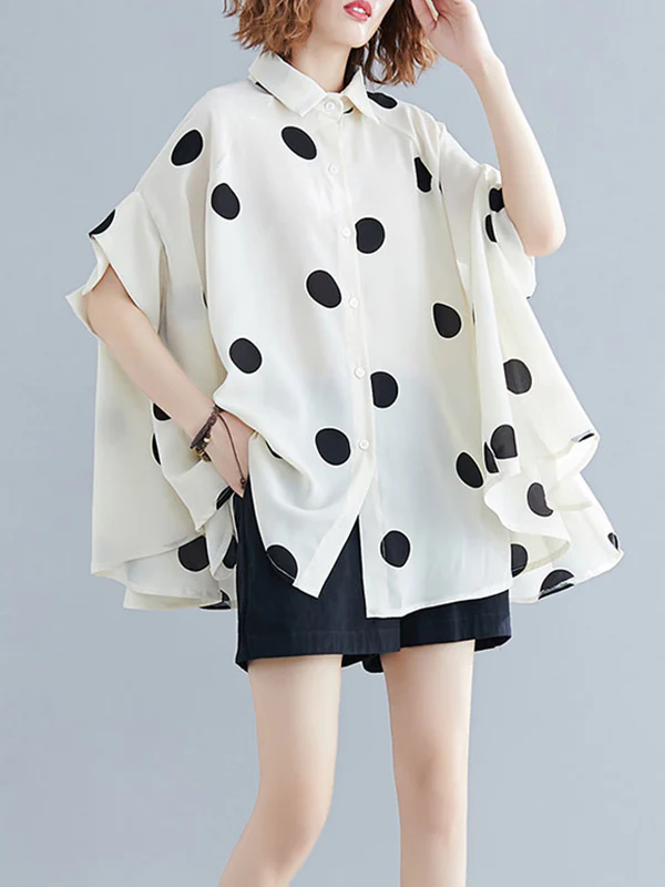 Batwing Sleeves Loose Polka-Dot Lapel Blouses&Shirts Tops - Image 6