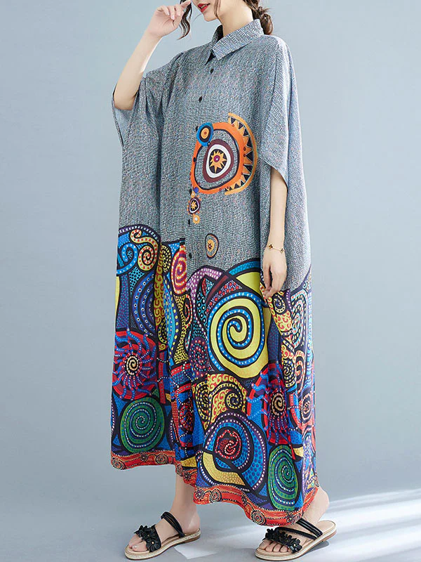 Batwing Sleeves Loose Printed Lapel Midi Dresses - Image 2