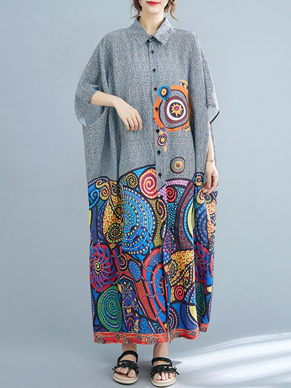 Batwing Sleeves Loose Printed Lapel Midi Dresses - Image 3