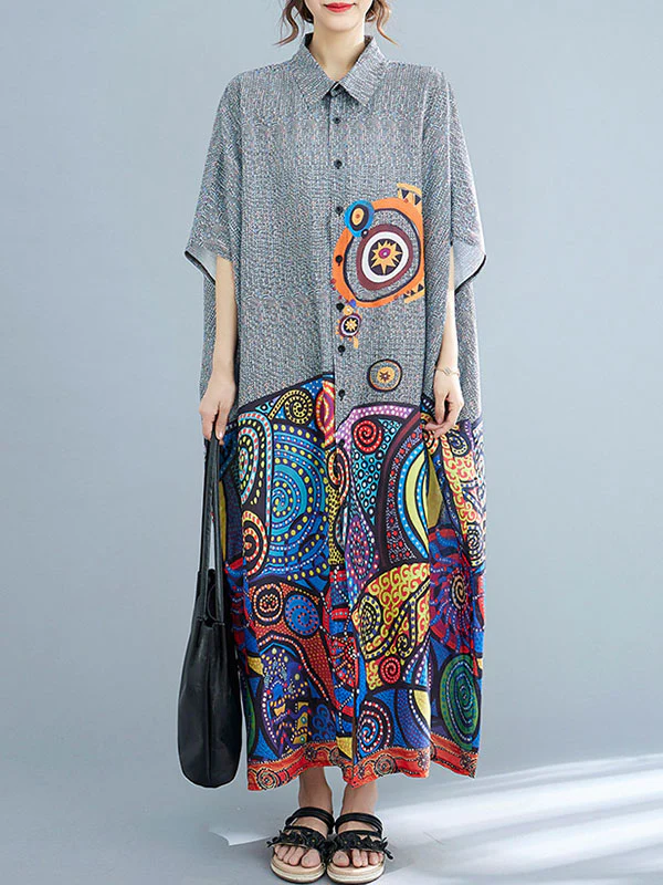 Batwing Sleeves Loose Printed Lapel Midi Dresses - Image 4