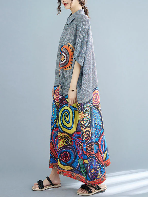 Batwing Sleeves Loose Printed Lapel Midi Dresses - Image 5