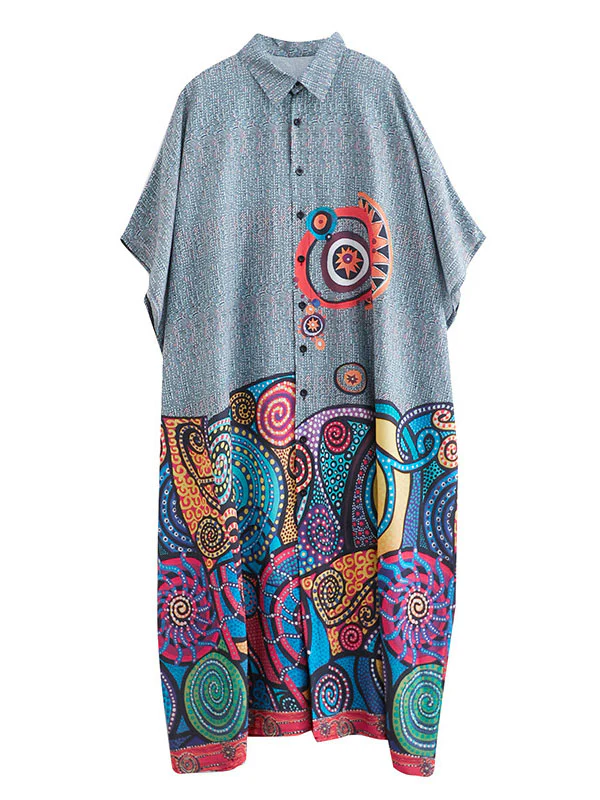 Batwing Sleeves Loose Printed Lapel Midi Dresses - Image 6