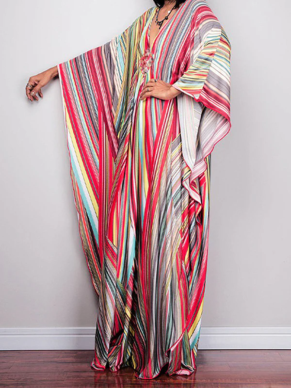 Batwing Sleeves Loose Printed Split-Joint Striped V-Neck Maxi Dresses - Image 2