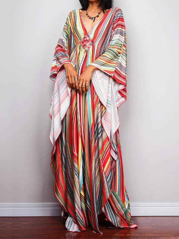 Batwing Sleeves Loose Printed Split-Joint Striped V-Neck Maxi Dresses - Image 3