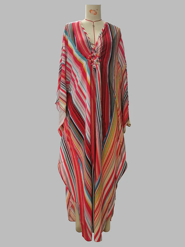 Batwing Sleeves Loose Printed Split-Joint Striped V-Neck Maxi Dresses - Image 4