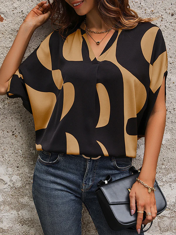 Batwing Sleeves Loose Printed Split-Joint V-Neck Blouses&Shirts Tops - Image 3