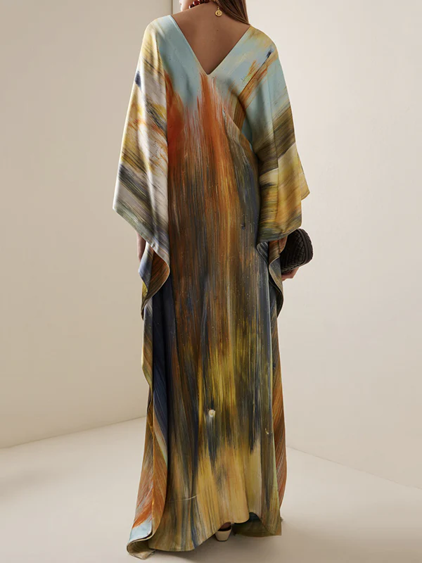 Batwing Sleeves Loose Printed Split-Joint V-Neck Maxi Dresses - Image 2