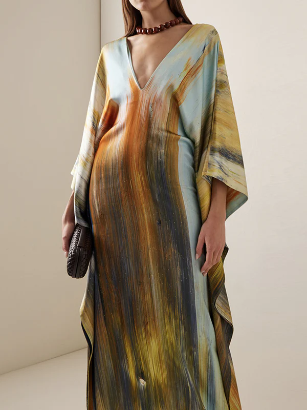 Batwing Sleeves Loose Printed Split-Joint V-Neck Maxi Dresses - Image 3