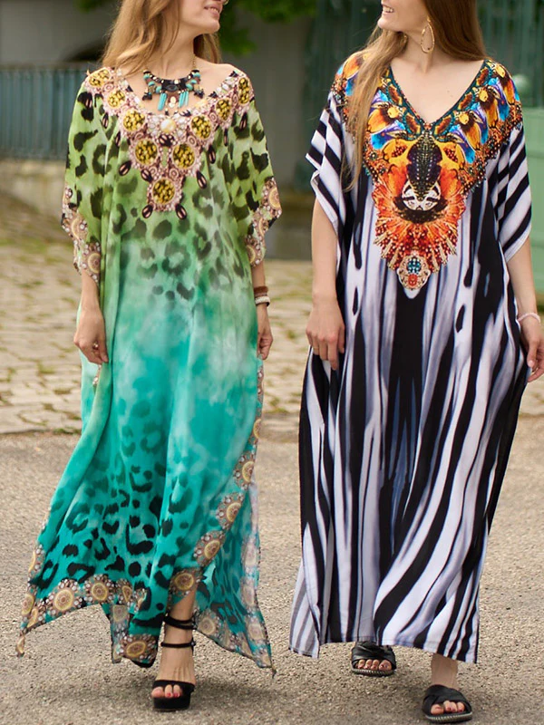 Batwing Sleeves Loose Printed Split-Side Striped V-Neck Beach Cover-Up Maxi Dresses - Image 10