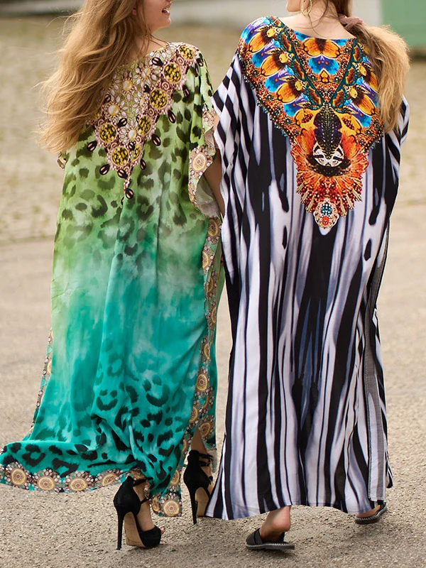 Batwing Sleeves Loose Printed Split-Side Striped V-Neck Beach Cover-Up Maxi Dresses - Image 11