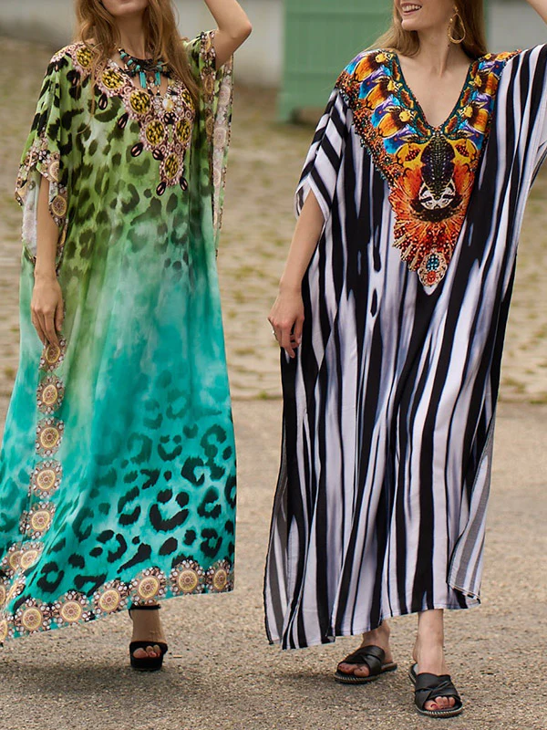 Batwing Sleeves Loose Printed Split-Side Striped V-Neck Beach Cover-Up Maxi Dresses - Image 12