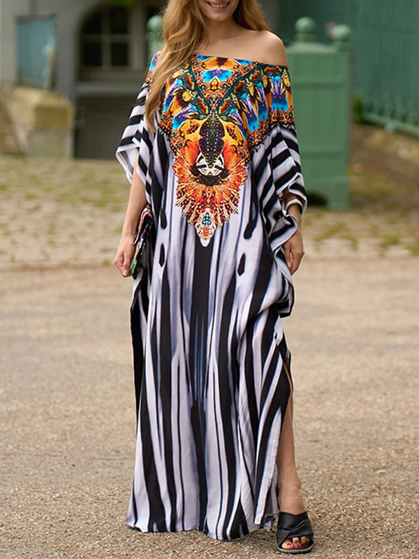 Batwing Sleeves Loose Printed Split-Side Striped V-Neck Beach Cover-Up Maxi Dresses - Image 2