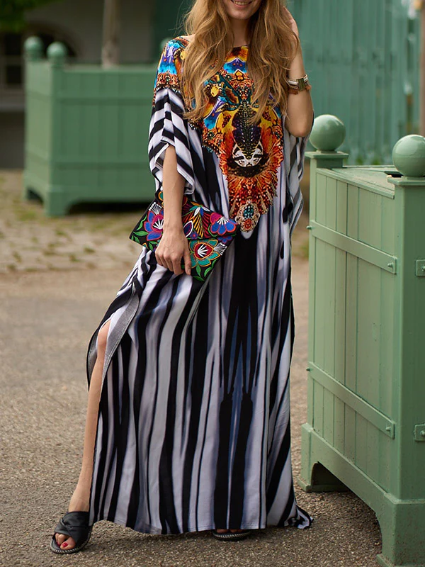 Batwing Sleeves Loose Printed Split-Side Striped V-Neck Beach Cover-Up Maxi Dresses - Image 3