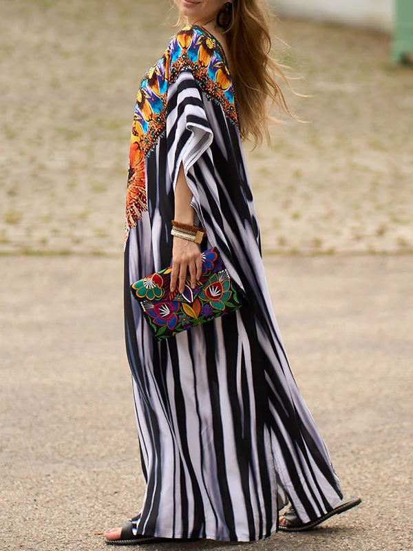 Batwing Sleeves Loose Printed Split-Side Striped V-Neck Beach Cover-Up Maxi Dresses - Image 4
