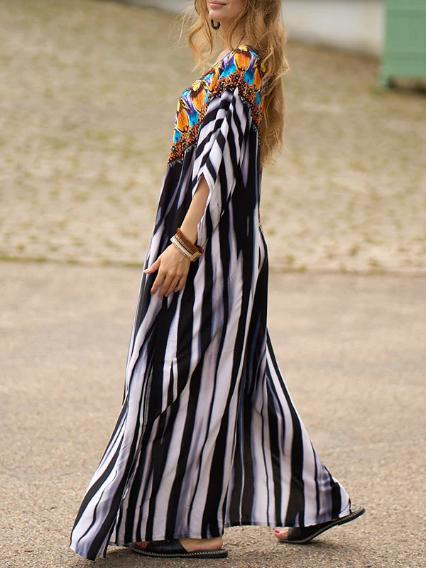 Batwing Sleeves Loose Printed Split-Side Striped V-Neck Beach Cover-Up Maxi Dresses - Image 5