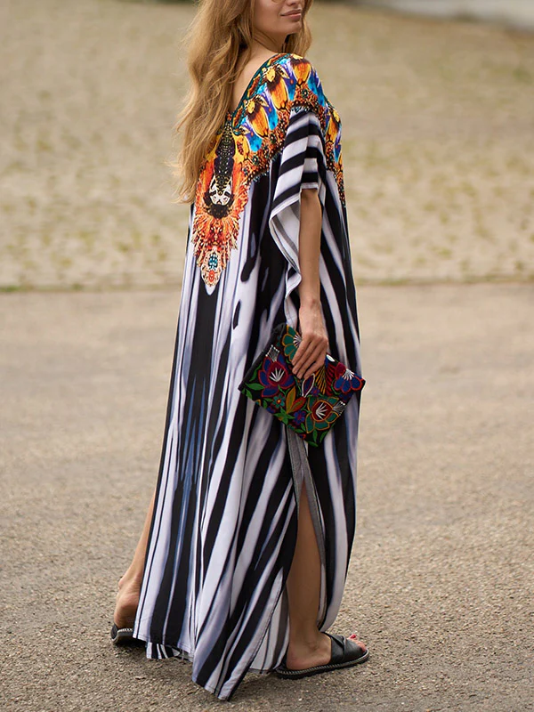 Batwing Sleeves Loose Printed Split-Side Striped V-Neck Beach Cover-Up Maxi Dresses - Image 6
