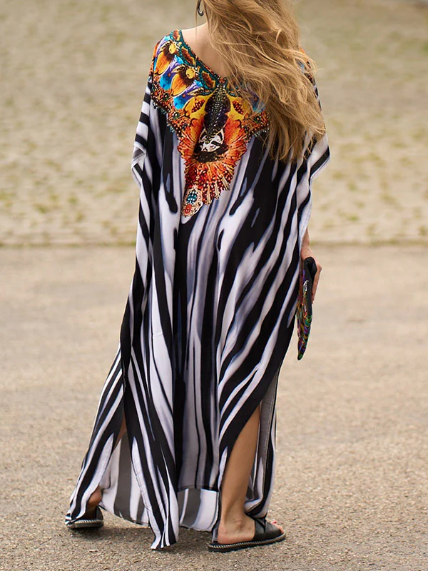 Batwing Sleeves Loose Printed Split-Side Striped V-Neck Beach Cover-Up Maxi Dresses - Image 7