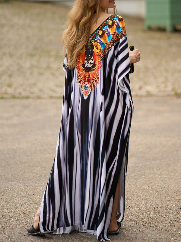 Batwing Sleeves Loose Printed Split-Side Striped V-Neck Beach Cover-Up Maxi Dresses - Image 8