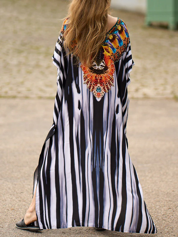 Batwing Sleeves Loose Printed Split-Side Striped V-Neck Beach Cover-Up Maxi Dresses - Image 9