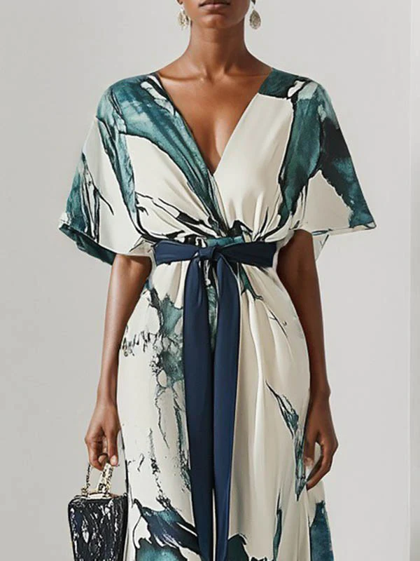 Batwing Sleeves Loose Printed Tied Waist V-Neck Evening Dresses Maxi Dresses - Image 2