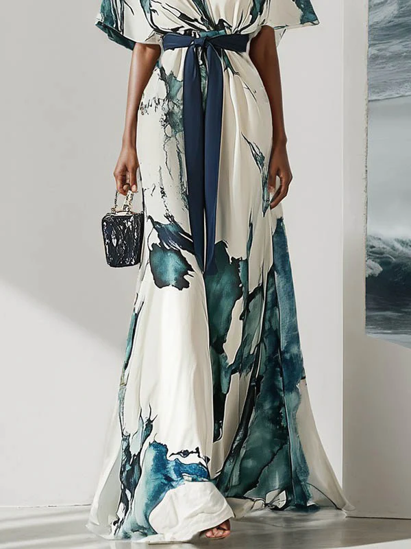 Batwing Sleeves Loose Printed Tied Waist V-Neck Evening Dresses Maxi Dresses - Image 3