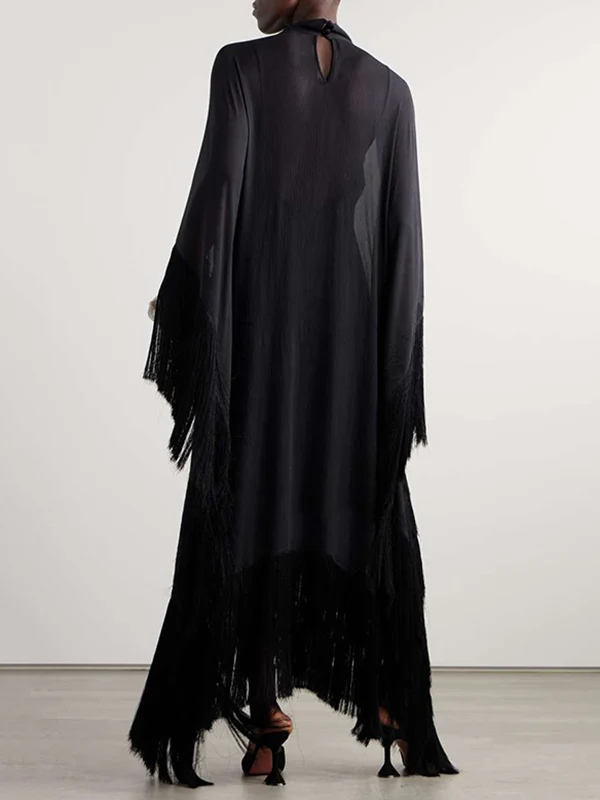 Batwing Sleeves Loose See-Through Solid Color Tasseled Mock Neck Maxi Dresses - Image 2