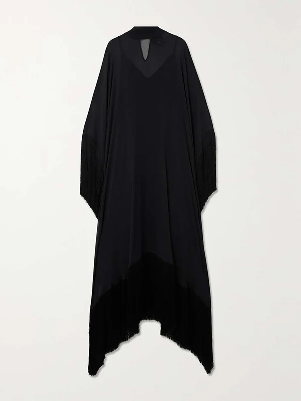 Batwing Sleeves Loose See-Through Solid Color Tasseled Mock Neck Maxi Dresses - Image 3
