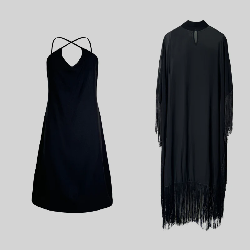 Batwing Sleeves Loose See-Through Solid Color Tasseled Mock Neck Maxi Dresses - Image 4