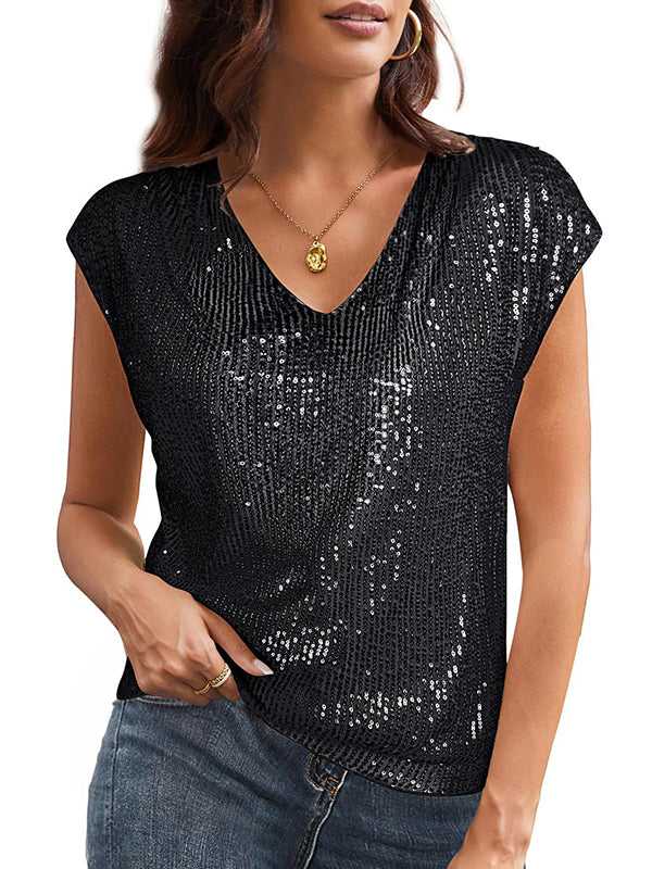 Batwing Sleeves Loose Sequined Shiny V-Neck T-Shirts Tops - Image 11