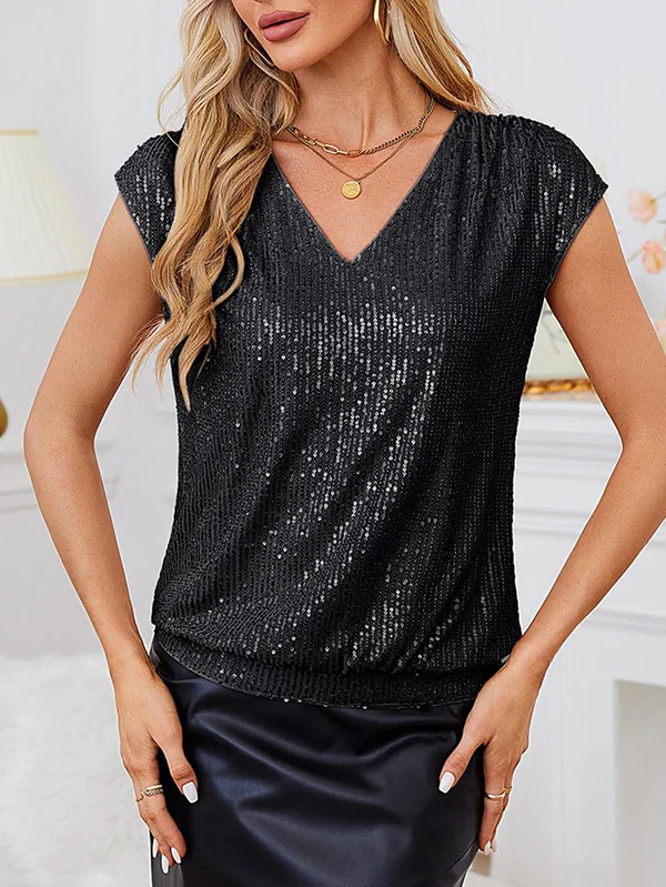 Batwing Sleeves Loose Sequined Shiny V-Neck T-Shirts Tops - Image 12