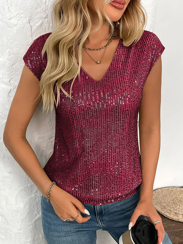 Batwing Sleeves Loose Sequined Shiny V-Neck T-Shirts Tops - Image 18