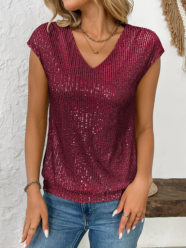 Batwing Sleeves Loose Sequined Shiny V-Neck T-Shirts Tops - Image 19