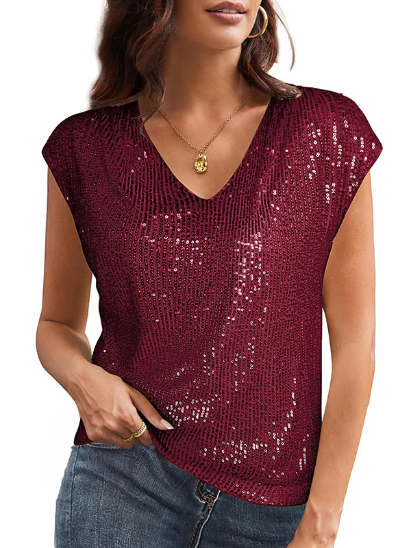Batwing Sleeves Loose Sequined Shiny V-Neck T-Shirts Tops - Image 20