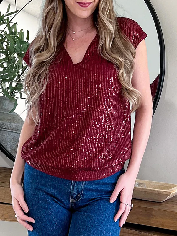 Batwing Sleeves Loose Sequined Shiny V-Neck T-Shirts Tops - Image 21