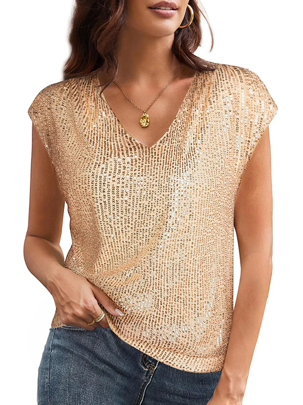 Batwing Sleeves Loose Sequined Shiny V-Neck T-Shirts Tops - Image 24