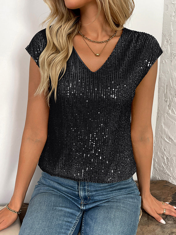 Batwing Sleeves Loose Sequined Shiny V-Neck T-Shirts Tops - Image 3