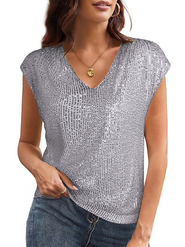 Batwing Sleeves Loose Sequined Shiny V-Neck T-Shirts Tops - Image 7