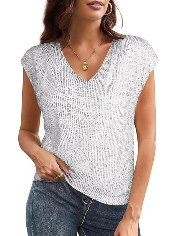 Batwing Sleeves Loose Sequined Shiny V-Neck T-Shirts Tops - Image 9
